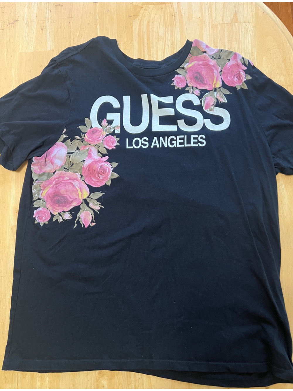 GUESS Black Tee with Pink Rose Logo